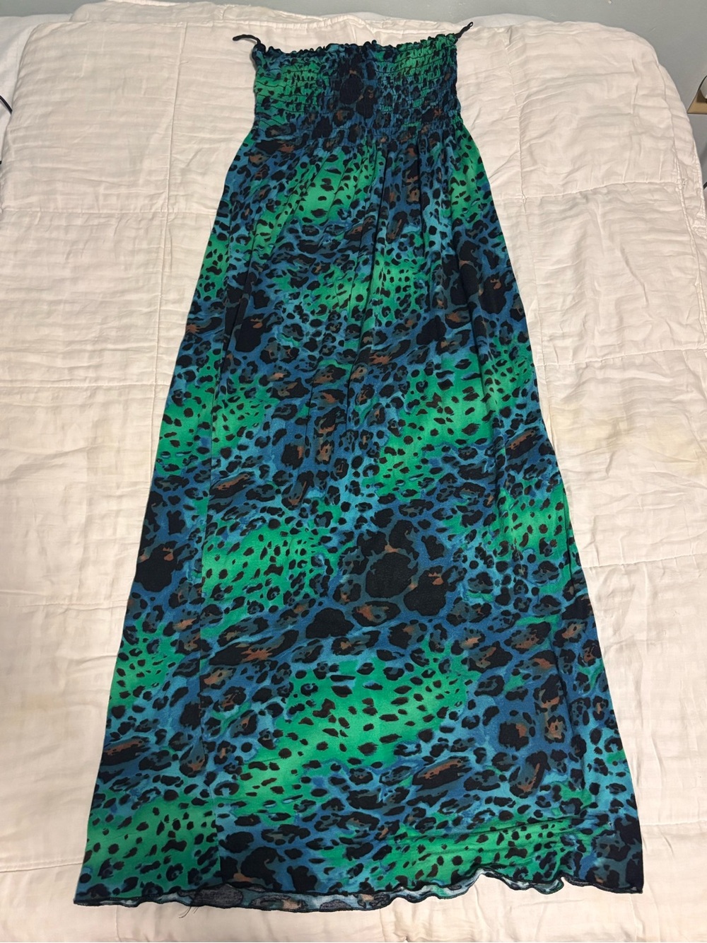 Smocked Green & Blue Animal Print Maxi Dress